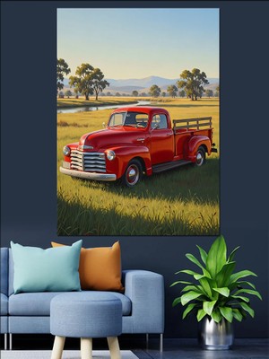 Karizma Tablo Kırmızı Kamyonet Doğa Manzarası Dekoratif Kanvas - Mdf Ahşap Tablo