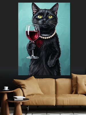 Tablomega Şarap Kadehi Tutan Kedi Dekoratif Kanvas - Mdf Ahşap Tablo