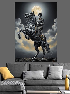 Tablomega Şaha Kalkan Siyah At Dekoratif Kanvas - Mdf Ahşap Tablo