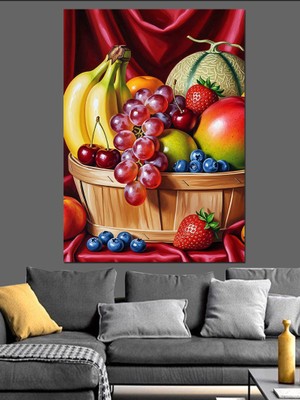Artmeg Sepette Taze Meyve Natürmort Dekoratif Kanvas - Mdf Ahşap Tablo