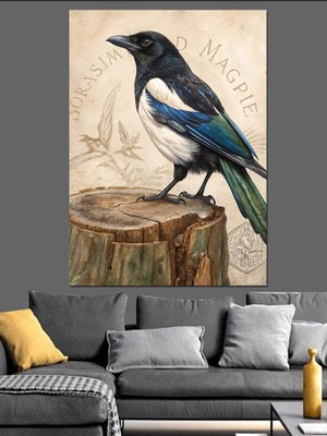 Artmeg Kütük Üzerinde Saksağan Kuşu Dekoratif Kanvas - Mdf Ahşap Tablo