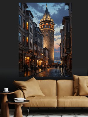 Tablomega Gece Galata Kulesi Sokağı Dekoratif Kanvas - Mdf Ahşap Tablo