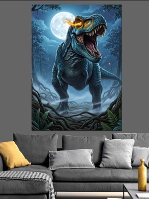 Artmeg Dolunayda Kükreyen Dinozor Rex Dekoratif Kanvas - Mdf Ahşap Tablo