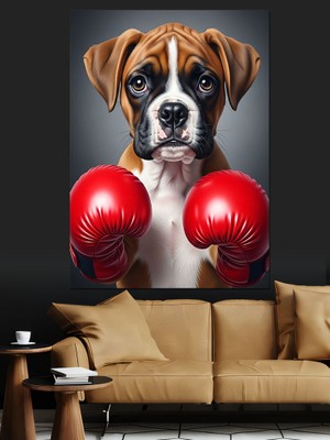 Karizma Tablo Kırmızı Eldivenli Boksör Köpek Dekoratif Kanvas - Mdf Ahşap Tablo