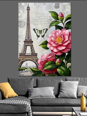 Karizma Tablo Eyfel Kulesi Çiçekli Manzara Dekoratif Kanvas - Mdf Ahşap Tablo