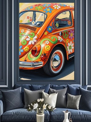 Karizma Tablo Çiçek Desenli Vosvos Araba Dekoratif Kanvas - Mdf Ahşap Tablo
