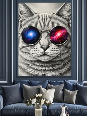 Artmeg Uzay Gözlüklü Kedi Portresi Dekoratif Kanvas - Mdf Ahşap Tablo