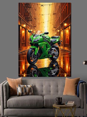 Artmeg Gece Yeşil Spor Motosiklet Dekoratif Kanvas - Mdf Ahşap Tablo
