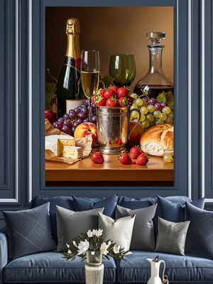 Artmeg Şarap ve Üzüm Natürmort Dekoratif Kanvas - Mdf Ahşap Tablo