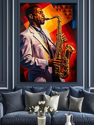 Artmeg Saksafon Çalan Caz Müzisyeni Dekoratif Kanvas - Mdf Ahşap Tablo