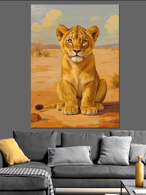 Tablomega Oturan Sevimli Aslan Yavrusu Dekoratif Kanvas - Mdf Ahşap Tablo