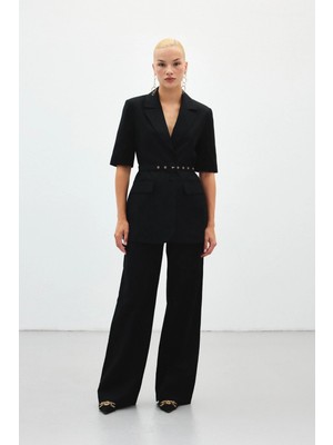 Sateen Bol Paça Keten Pantolon - Siyah
