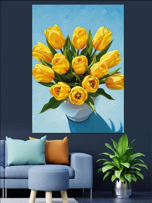 Tablomega Vazoda Sarı Lale Buketi Dekoratif Kanvas - Mdf Ahşap Tablo