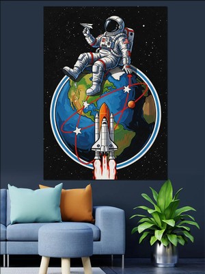 Artmeg Uzayda Kağıt Uçak Tutan Astronot Dekoratif Kanvas - Mdf Ahşap Tablo