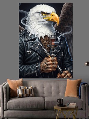Karizma Tablo Deri Ceketli Nargile Içen  Kartal Adam Dekoratif Kanvas - Mdf Ahşap Tablo