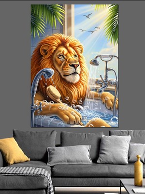 Artmeg Küvette Yıkanan Aslan Kral Dekoratif Kanvas - Mdf Ahşap Tablo