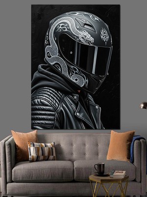 Karizma Tablo Siyah Motosiklet Kaskı Çizimi Dekoratif Kanvas - Mdf Ahşap Tablo