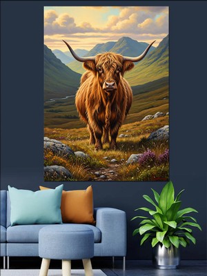 Tablomega Uzun Tüylü Boğa Manzarası Dekoratif Kanvas - Mdf Ahşap Tablo