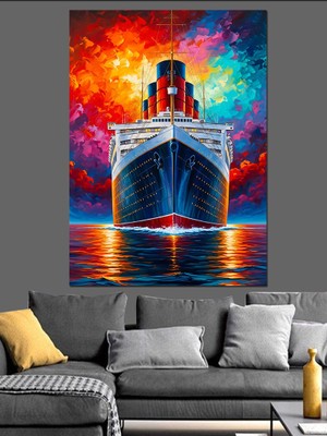 Karizma Tablo Renkli Titanik Gemi Çizimi Dekoratif Kanvas - Mdf Ahşap Tablo