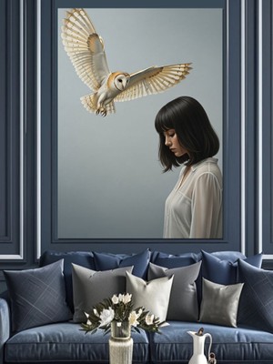 Karizma Tablo Beyaz Baykuş ve Kadın Dekoratif Kanvas - Mdf Ahşap Tablo