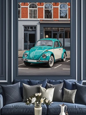 Karizma Tablo Mavi Klasik Araba  Dekoratif Kanvas - Mdf Ahşap Tablo