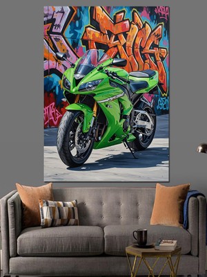 Tablomega Yeşil Yarış Motosikleti Çizimi Dekoratif Kanvas - Mdf Ahşap Tablo