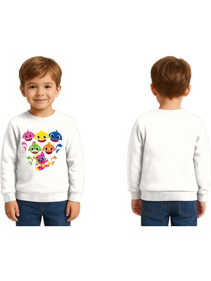 Sedirli Unisex Baby Shark Baskılı Çocuk Swaetshirt 3 Iplik Şardonlu