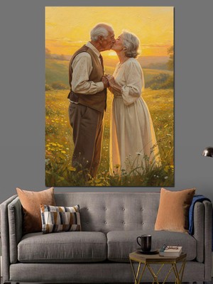 Tablomega Öpüşen Yaşlı Aşık Çift Dekoratif Kanvas - Mdf Ahşap Tablo
