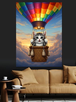 Artmeg Uçan Balonda Sepette Kedi Dekoratif Kanvas - Mdf Ahşap Tablo