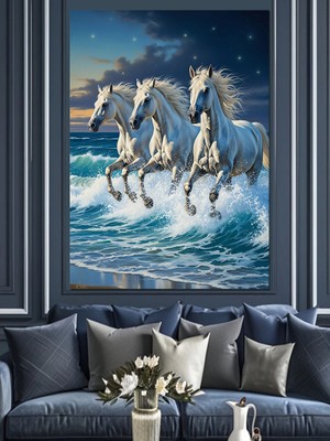 Artmeg Denizde Koşan Beyaz Atlar Dekoratif Kanvas - Mdf Ahşap Tablo