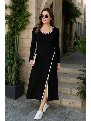 Kadın Uzun Kollu Yuvarlak Ribana Yaka Yırtmaçlı Uzun Viskon Iki Iplik Elbise