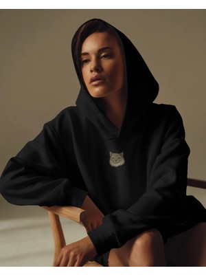 Muhtar Store Ragdoll Kedili Hoodie Unisex %100 Pamuk | Siyah Kapüşonlu Sweatshirt Göğüs Ortası Minimal Logo