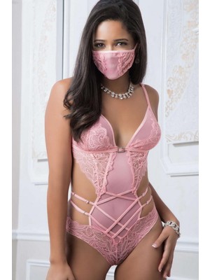 Çamaşır Kenti Arias Closet Pembe Dantel Işlemeli Maskeli Fantezi Body
