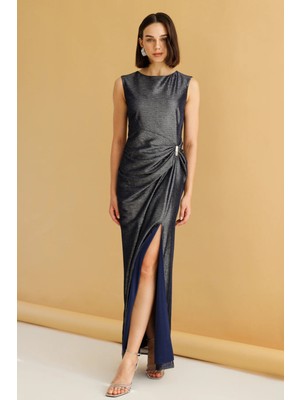 Ekol Parlak Kumaş Maxi Boy Abiye Elbise 5092