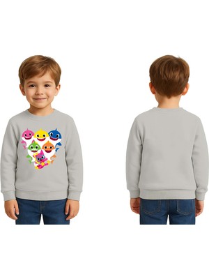 Sedirli Unisex Baby Shark Baskılı Çocuk Swaetshirt 3 Iplik Şardonlu