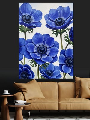 Artmeg Mavi Anemon Çiçek Desen Dekoratif Kanvas - Mdf Ahşap Tablo