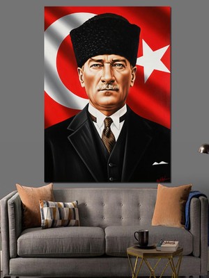 Karizma Tablo Bayrak Önünde Atatürk Portresi Dekoratif Kanvas - Mdf Ahşap Tablo
