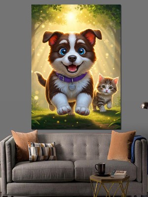 Karizma Tablo Sevimli Köpek ve Kedi Dekoratif Kanvas - Mdf Ahşap Tablo