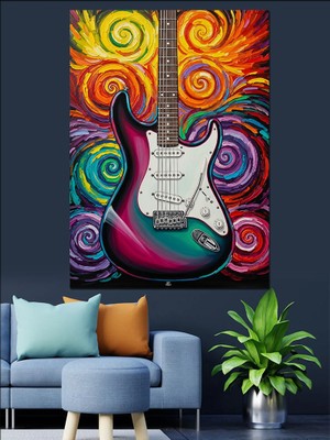 Artmeg Renkli Elektro Gitar Çizimi Dekoratif Kanvas - Mdf Ahşap Tablo