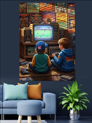 Karizma Tablo Bilgisayarda Oyun Oynayan Çocuk Dekoratif Kanvas - Mdf Ahşap Tablo