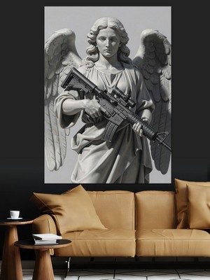 Karizma Tablo Silahlı Melek Heykel Sanatı Dekoratif Kanvas - Mdf Ahşap Tablo