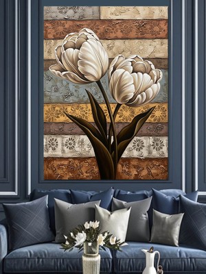 Artmeg Eskitme Lale Çiçek Resmi Dekoratif Kanvas - Mdf Ahşap Tablo