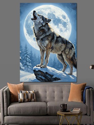 Karizma Tablo Kışın Uluyan Kurt Resmi Dekoratif Kanvas - Mdf Ahşap Tablo