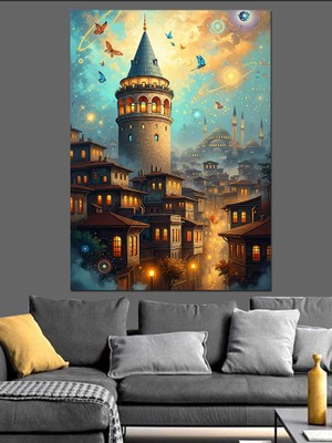 Tablomega Masalsı Galata Kulesi Çizimi Dekoratif Kanvas - Mdf Ahşap Tablo