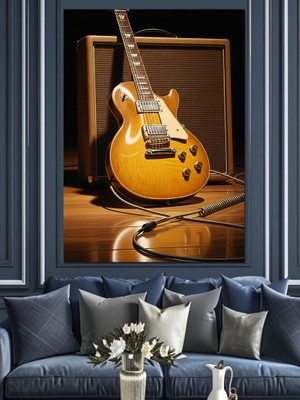 Karizma Tablo Altın Renkli Elektro Gitar Dekoratif Kanvas - Mdf Ahşap Tablo