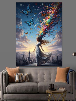 Artmeg Kelebeğe Dönüşen Kadın Resmi Dekoratif Kanvas - Mdf Ahşap Tablo