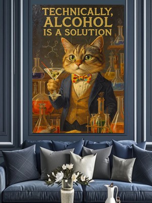 Karizma Tablo Kokteyl Içen Sarı Kedi Dekoratif Kanvas - Mdf Ahşap Tablo