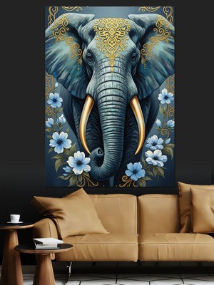 Artmeg Çiçekli Fil Başı Portresi Dekoratif Kanvas - Mdf Ahşap Tablo