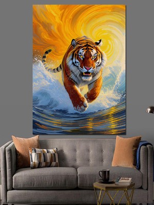Karizma Tablo Koşan Kaplan Sanatsal Çizim Dekoratif Kanvas - Mdf Ahşap Tablo