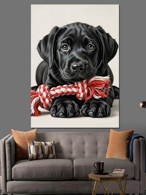 Karizma Tablo Kırmızı Iple Oynayan Siyah Yavru Köpek Dekoratif Kanvas - Mdf Ahşap Tablo